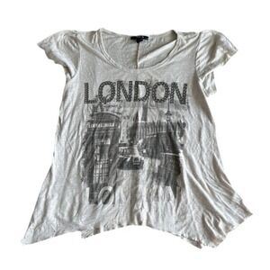 Women's Shirt T Shirt Top London Graphic Studded Gray Black V Neck Large L